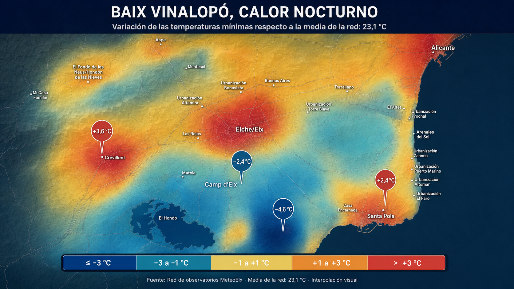 Mapa de la calor nocturna a Elx i Baix Vinalopó elaborat a partir de la xarxa MeteoElx