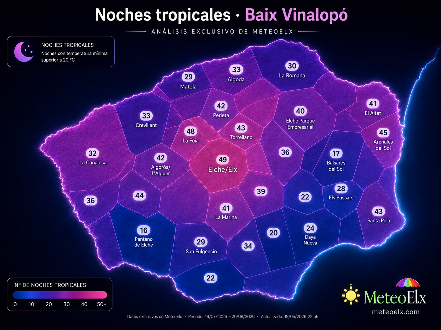 Mapa de nits tropicals al Baix Vinalopó elaborat per MeteoElx