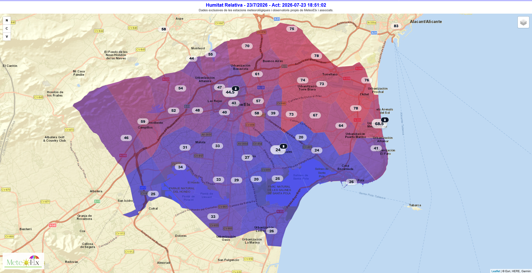 Mapa de humedad relativa durante los reventones del 23 de julio de 2026