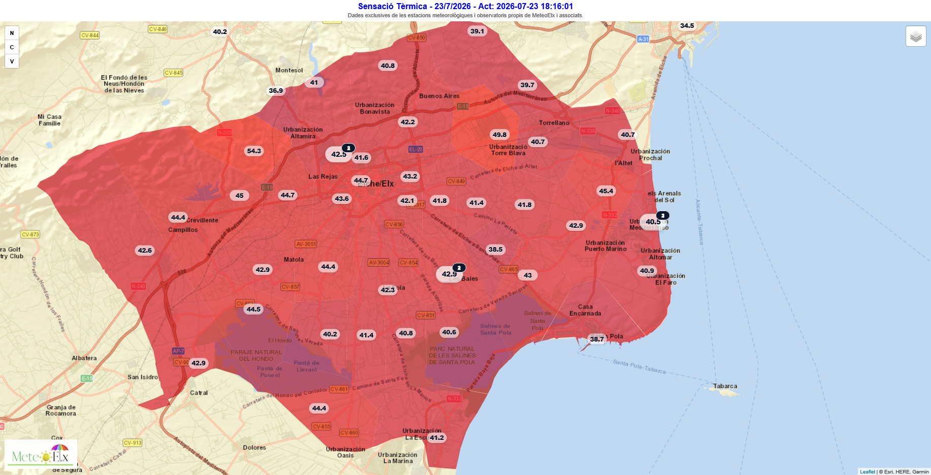 Mapa de sensació tèrmica durant els esclafits càlids del 23 de juliol de 2026